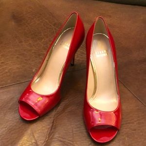 Stuart Weitzman red patent leather open toe pumps